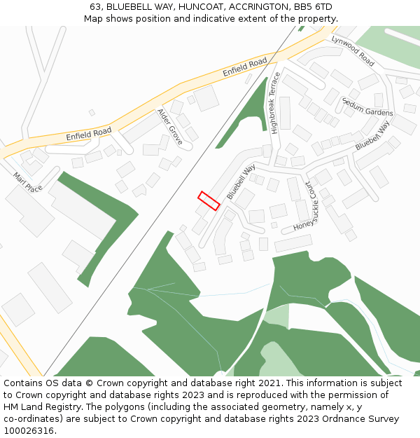 63, BLUEBELL WAY, HUNCOAT, ACCRINGTON, BB5 6TD: Location map and indicative extent of plot