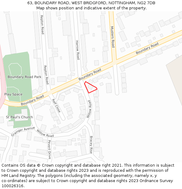 63, BOUNDARY ROAD, WEST BRIDGFORD, NOTTINGHAM, NG2 7DB: Location map and indicative extent of plot