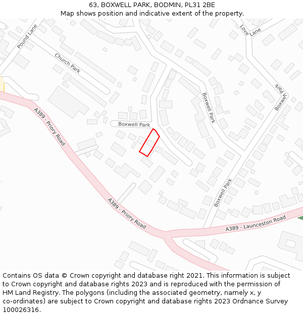 63, BOXWELL PARK, BODMIN, PL31 2BE: Location map and indicative extent of plot
