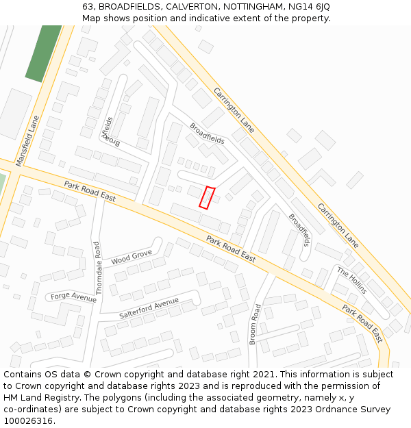 63, BROADFIELDS, CALVERTON, NOTTINGHAM, NG14 6JQ: Location map and indicative extent of plot