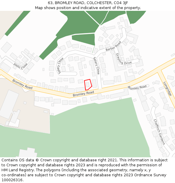 63, BROMLEY ROAD, COLCHESTER, CO4 3JF: Location map and indicative extent of plot