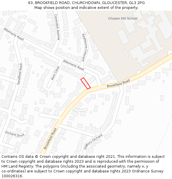 63, BROOKFIELD ROAD, CHURCHDOWN, GLOUCESTER, GL3 2PG: Location map and indicative extent of plot