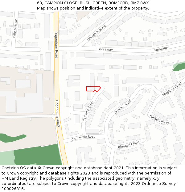 63, CAMPION CLOSE, RUSH GREEN, ROMFORD, RM7 0WX: Location map and indicative extent of plot