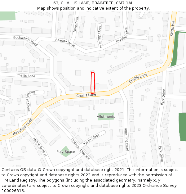 63, CHALLIS LANE, BRAINTREE, CM7 1AL: Location map and indicative extent of plot