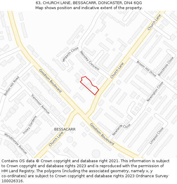 63, CHURCH LANE, BESSACARR, DONCASTER, DN4 6QG: Location map and indicative extent of plot