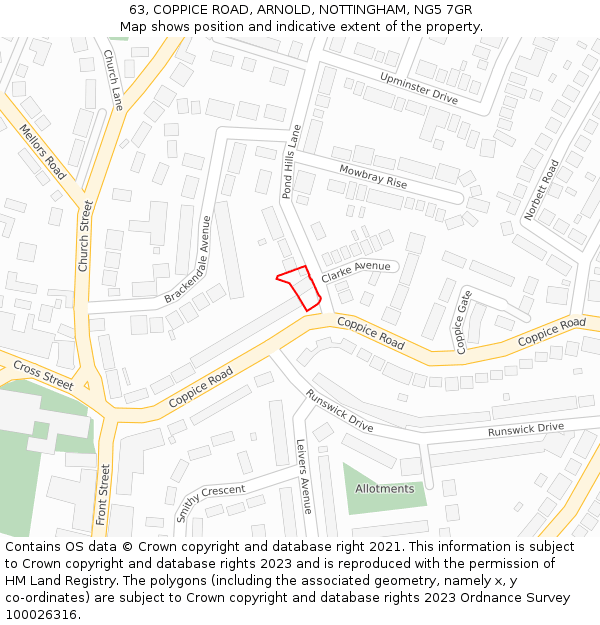 63, COPPICE ROAD, ARNOLD, NOTTINGHAM, NG5 7GR: Location map and indicative extent of plot