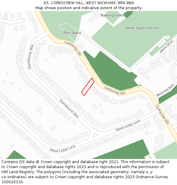 63, CORKSCREW HILL, WEST WICKHAM, BR4 9BA: Location map and indicative extent of plot