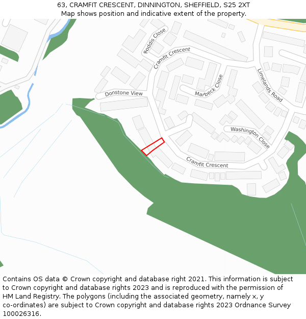 63, CRAMFIT CRESCENT, DINNINGTON, SHEFFIELD, S25 2XT: Location map and indicative extent of plot