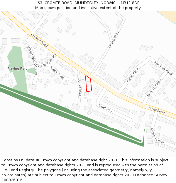 63, CROMER ROAD, MUNDESLEY, NORWICH, NR11 8DF: Location map and indicative extent of plot