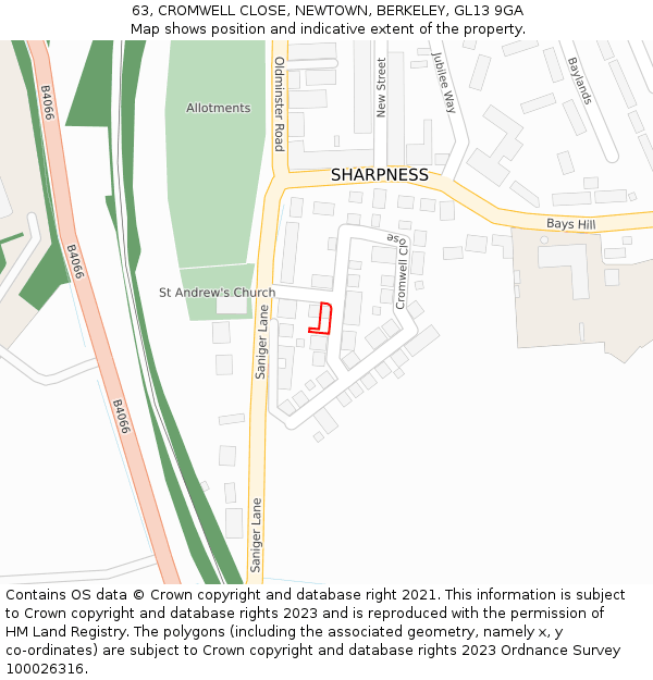 63, CROMWELL CLOSE, NEWTOWN, BERKELEY, GL13 9GA: Location map and indicative extent of plot