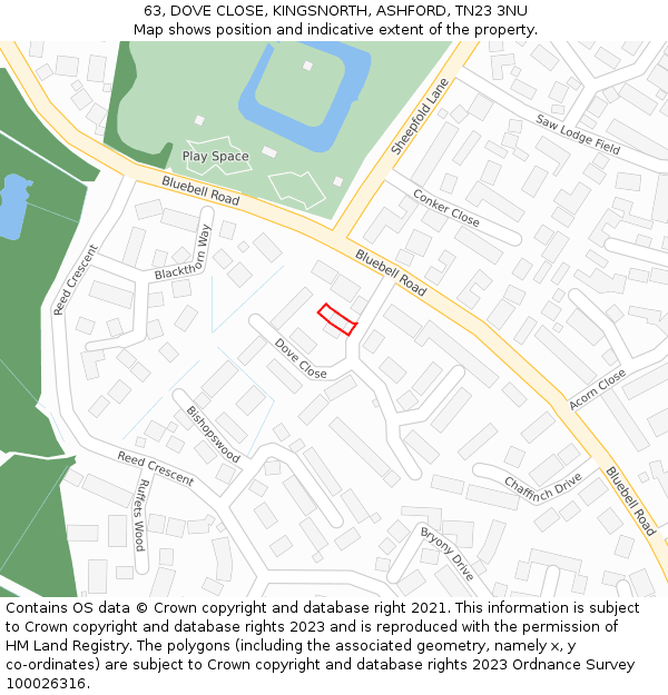 63, DOVE CLOSE, KINGSNORTH, ASHFORD, TN23 3NU: Location map and indicative extent of plot