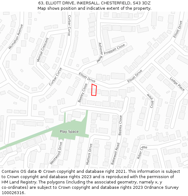 63, ELLIOTT DRIVE, INKERSALL, CHESTERFIELD, S43 3DZ: Location map and indicative extent of plot