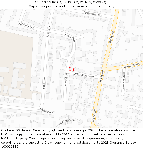 63, EVANS ROAD, EYNSHAM, WITNEY, OX29 4QU: Location map and indicative extent of plot