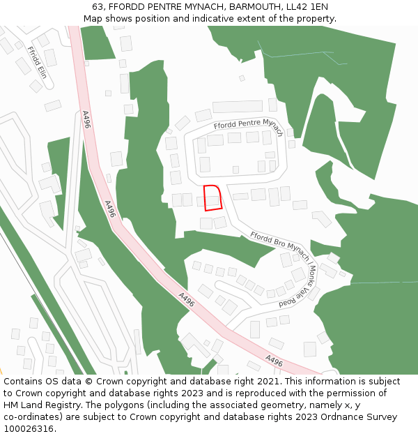 63, FFORDD PENTRE MYNACH, BARMOUTH, LL42 1EN: Location map and indicative extent of plot