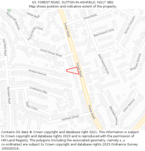 63, FOREST ROAD, SUTTON-IN-ASHFIELD, NG17 3BG: Location map and indicative extent of plot