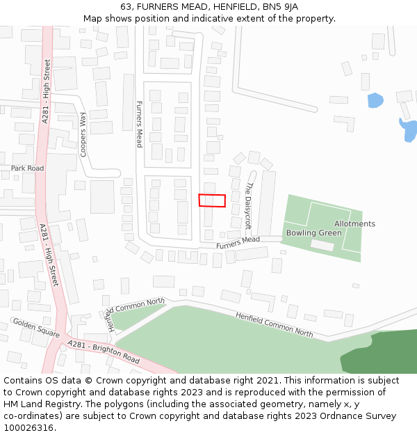 63, FURNERS MEAD, HENFIELD, BN5 9JA: Location map and indicative extent of plot