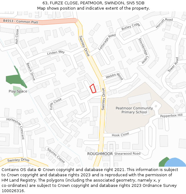 63, FURZE CLOSE, PEATMOOR, SWINDON, SN5 5DB: Location map and indicative extent of plot