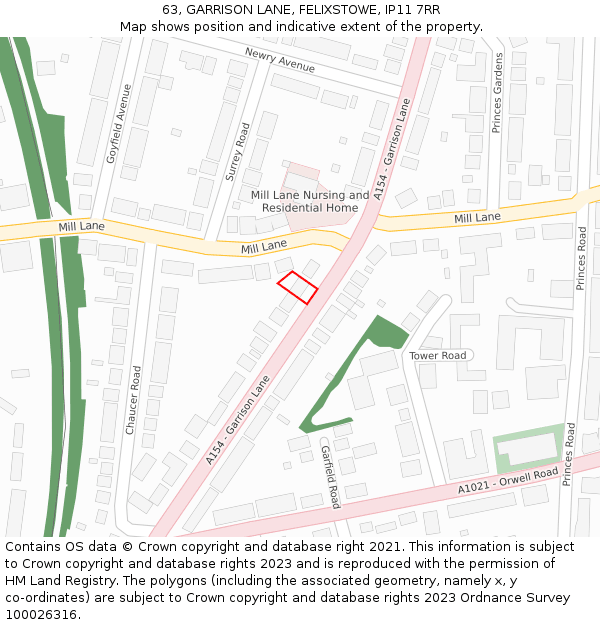 63, GARRISON LANE, FELIXSTOWE, IP11 7RR: Location map and indicative extent of plot