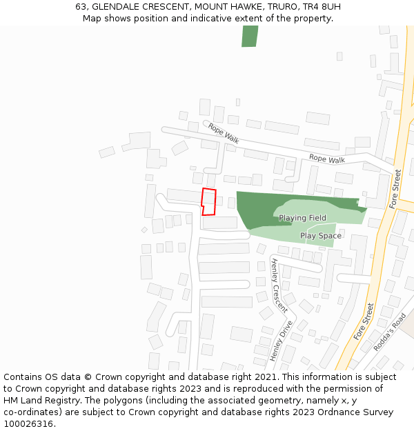 63, GLENDALE CRESCENT, MOUNT HAWKE, TRURO, TR4 8UH: Location map and indicative extent of plot