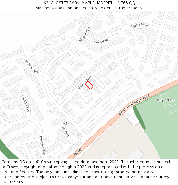 63, GLOSTER PARK, AMBLE, MORPETH, NE65 0JQ: Location map and indicative extent of plot