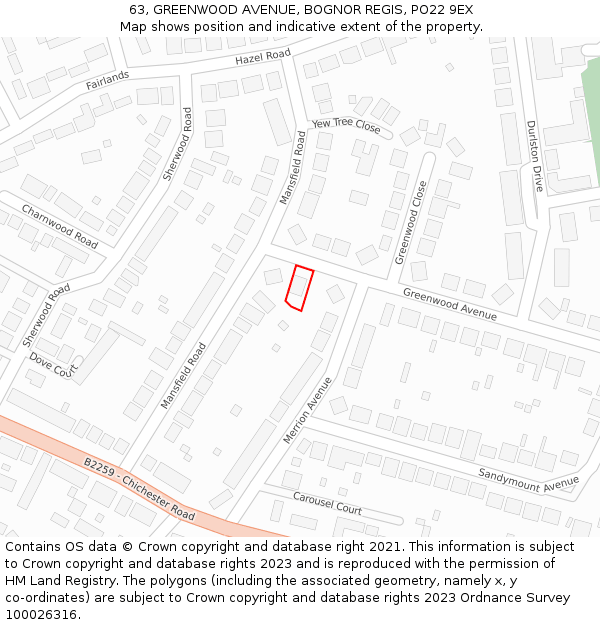 63, GREENWOOD AVENUE, BOGNOR REGIS, PO22 9EX: Location map and indicative extent of plot