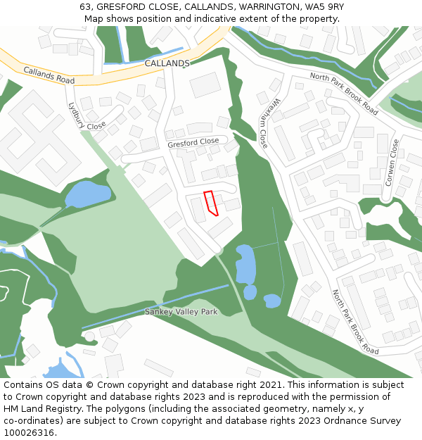 63, GRESFORD CLOSE, CALLANDS, WARRINGTON, WA5 9RY: Location map and indicative extent of plot