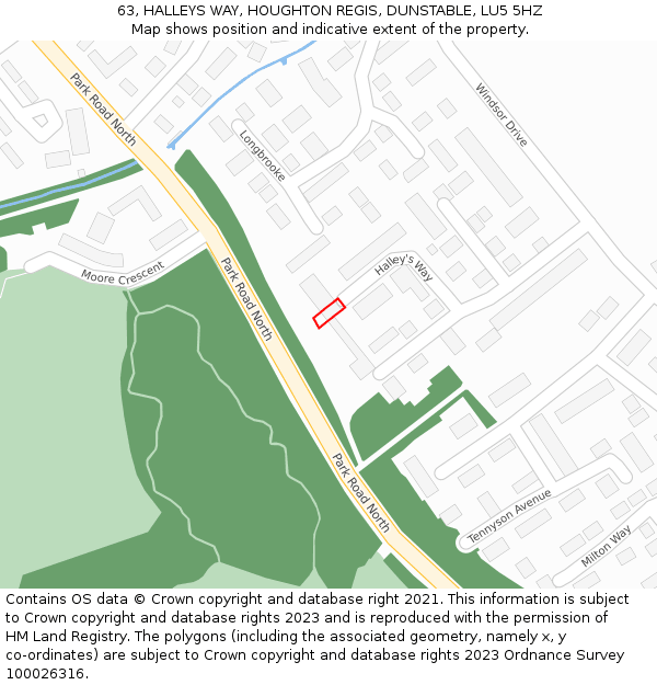 63, HALLEYS WAY, HOUGHTON REGIS, DUNSTABLE, LU5 5HZ: Location map and indicative extent of plot