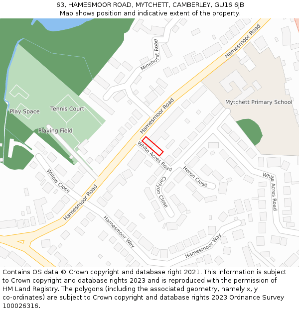 63, HAMESMOOR ROAD, MYTCHETT, CAMBERLEY, GU16 6JB: Location map and indicative extent of plot