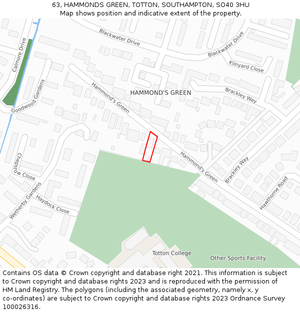 63, HAMMONDS GREEN, TOTTON, SOUTHAMPTON, SO40 3HU: Location map and indicative extent of plot