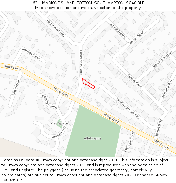 63, HAMMONDS LANE, TOTTON, SOUTHAMPTON, SO40 3LF: Location map and indicative extent of plot