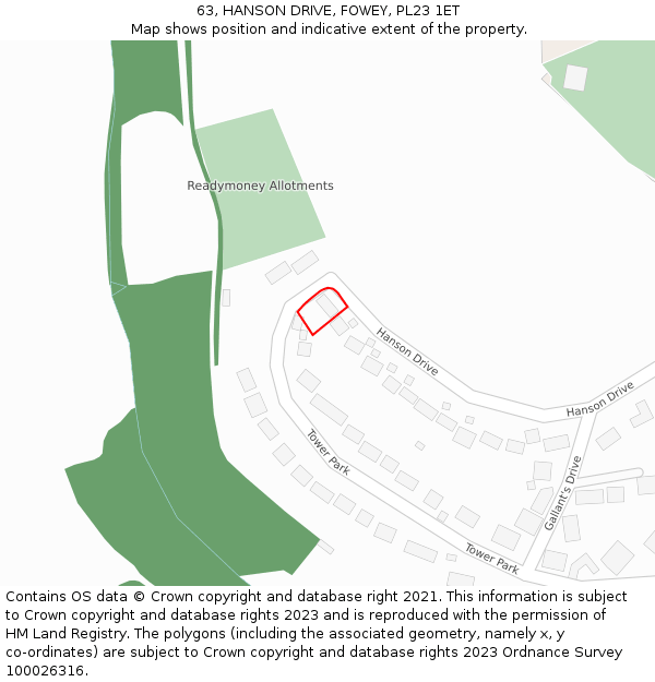 63, HANSON DRIVE, FOWEY, PL23 1ET: Location map and indicative extent of plot