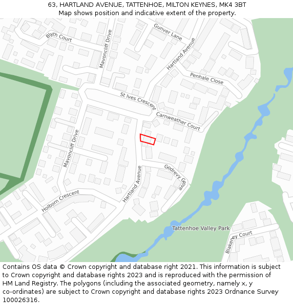 63, HARTLAND AVENUE, TATTENHOE, MILTON KEYNES, MK4 3BT: Location map and indicative extent of plot