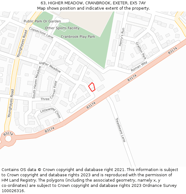 63, HIGHER MEADOW, CRANBROOK, EXETER, EX5 7AY: Location map and indicative extent of plot