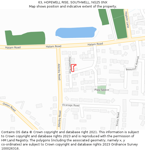63, HOPEWELL RISE, SOUTHWELL, NG25 0NX: Location map and indicative extent of plot