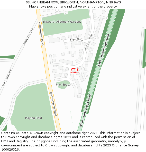 63, HORNBEAM ROW, BRIXWORTH, NORTHAMPTON, NN6 9WG: Location map and indicative extent of plot