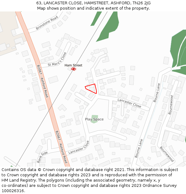 63, LANCASTER CLOSE, HAMSTREET, ASHFORD, TN26 2JG: Location map and indicative extent of plot