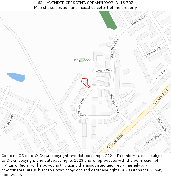 63, LAVENDER CRESCENT, SPENNYMOOR, DL16 7BZ: Location map and indicative extent of plot