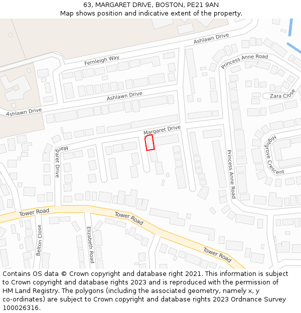 63, MARGARET DRIVE, BOSTON, PE21 9AN: Location map and indicative extent of plot