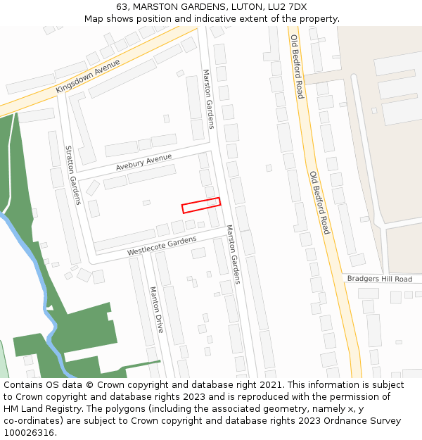 63, MARSTON GARDENS, LUTON, LU2 7DX: Location map and indicative extent of plot