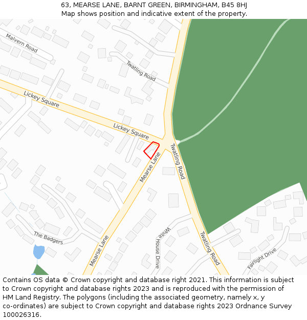 63, MEARSE LANE, BARNT GREEN, BIRMINGHAM, B45 8HJ: Location map and indicative extent of plot