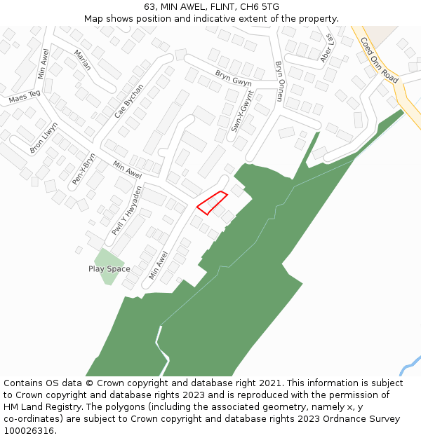 63, MIN AWEL, FLINT, CH6 5TG: Location map and indicative extent of plot