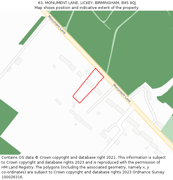 63, MONUMENT LANE, LICKEY, BIRMINGHAM, B45 9QJ: Location map and indicative extent of plot