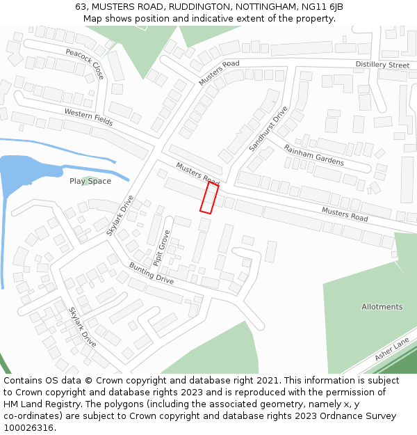 63, MUSTERS ROAD, RUDDINGTON, NOTTINGHAM, NG11 6JB: Location map and indicative extent of plot