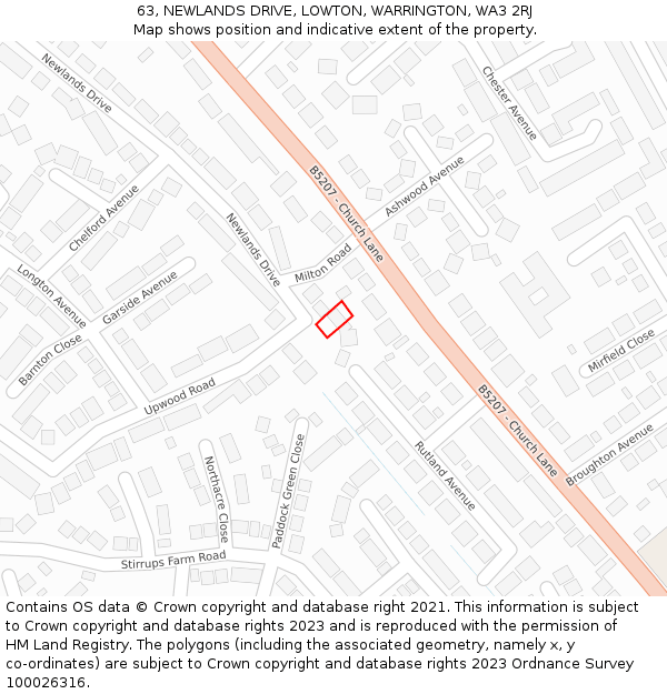 63, NEWLANDS DRIVE, LOWTON, WARRINGTON, WA3 2RJ: Location map and indicative extent of plot