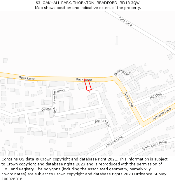 63, OAKHALL PARK, THORNTON, BRADFORD, BD13 3QW: Location map and indicative extent of plot
