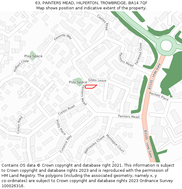 63, PAINTERS MEAD, HILPERTON, TROWBRIDGE, BA14 7QF: Location map and indicative extent of plot