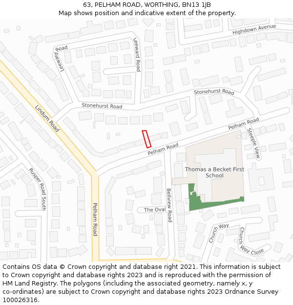 63, PELHAM ROAD, WORTHING, BN13 1JB: Location map and indicative extent of plot