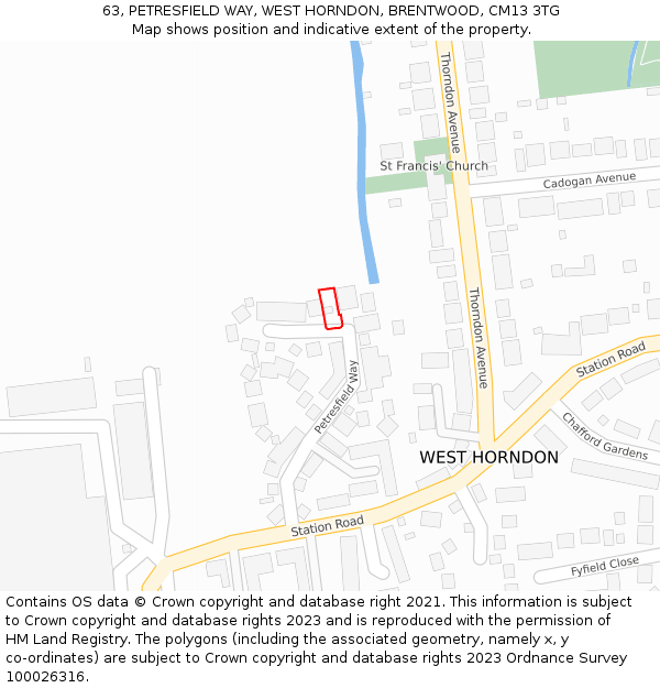 63, PETRESFIELD WAY, WEST HORNDON, BRENTWOOD, CM13 3TG: Location map and indicative extent of plot