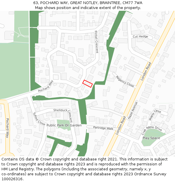 63, POCHARD WAY, GREAT NOTLEY, BRAINTREE, CM77 7WA: Location map and indicative extent of plot