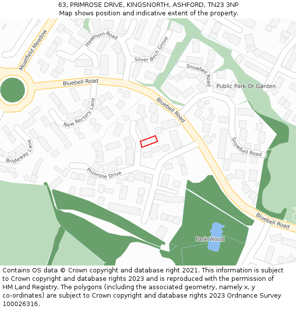 63, PRIMROSE DRIVE, KINGSNORTH, ASHFORD, TN23 3NP: Location map and indicative extent of plot
